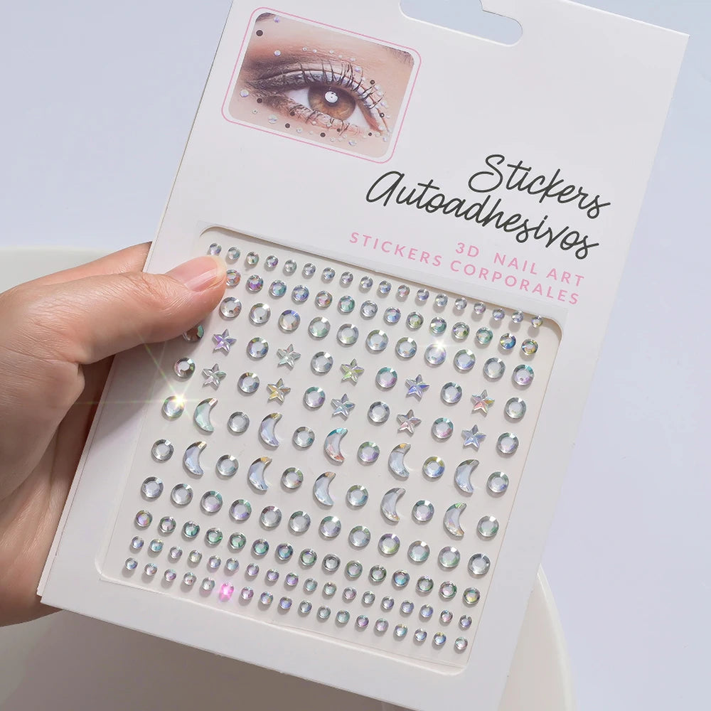 1pc 3D Y3K Silver Aurora Moon Star Face Gems Jewels Rhinestone Stickers Self Adhesive Crystal Makeup Diamonds Tattoos Decoration
