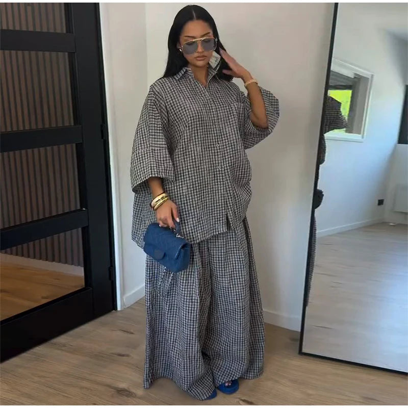 Fashion Stripe Long Pants Set Women Chic Lapel Single Breasted Shirt High Waist Wide Leg Trousers 2026 Spring New 2 Pcs Outfits