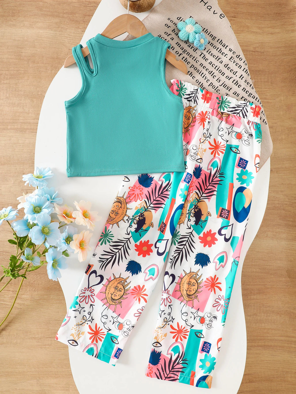 Summer Teenage Girls Clothing Set Off-Shoulder Ribbed Tank Tops and Printed Pants Two-Piece Sets for Kids Girl 6-14 Y CB DROPSHIPPING