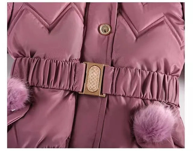 2025 Newyear Clothes Girls Winter Coat Kids Snow Puffer Jacket Hooded Warm With Waist Belt and Pockets CB DROPSHIPPING