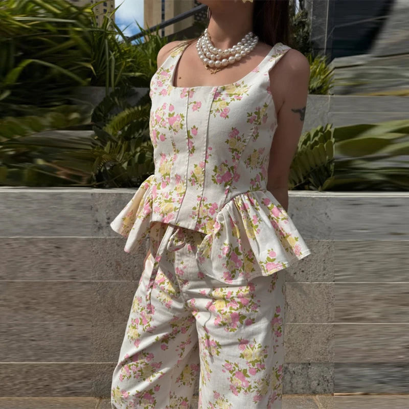 Women's Sweet Cute Floral Printed Vest Pants 2026 New Summer U Collar Sleeveless Ruffle Hem Tops Wide Leg Trousers 2 Piece Sets