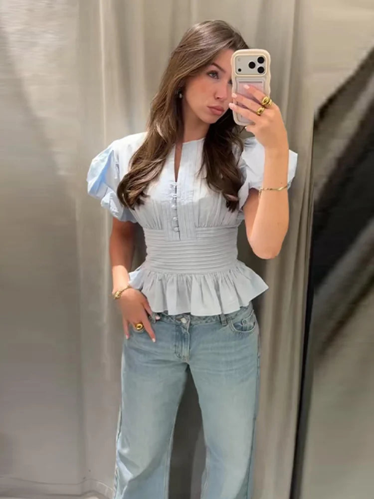 Women Round Neck Puff Sleeve Blouse Solid Lace Trim Asymmetrical Hem Slim Fit Shirt 2026 Spring Summer Chic Elegant Casual Top