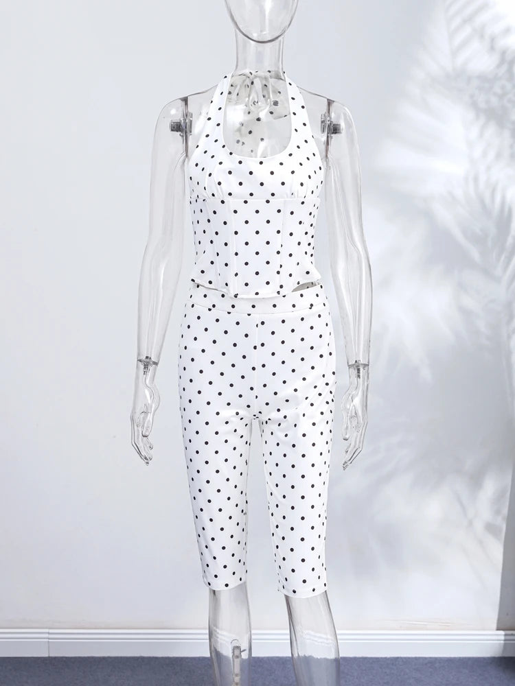 Fashion Polka Dot Two-pieces 7-inch Pants Sets Women's Slim Halter Waist-cinching Tops Hip-wrap Pant 2026 New Ladies Solid Suit