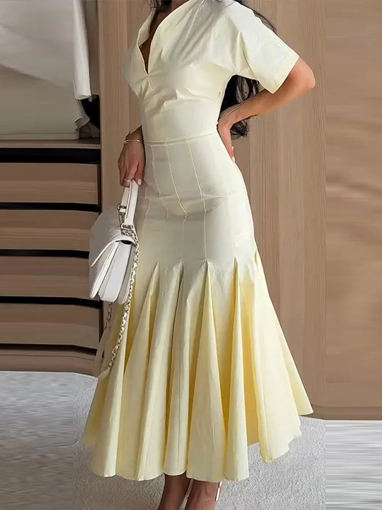 Women Fashion Solid Dress V-neck Ruffles Hem Short Sleeves Waist-cinching Draped Empire Dresses Summer Chic Elegant Summer Gown