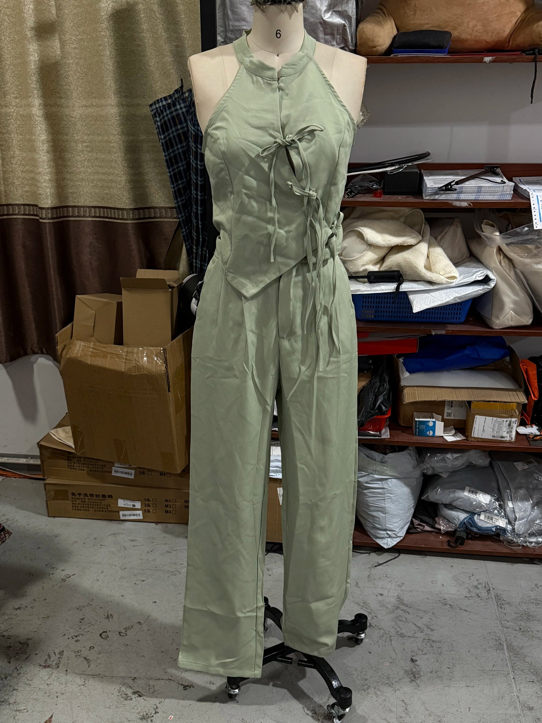 Women Green Bowknot Wide-leg Pant Suits Chic Solid Sleeveless Lace Up Slim Fit Long Pant Sets 2026 Lady Daily Street Outfits New