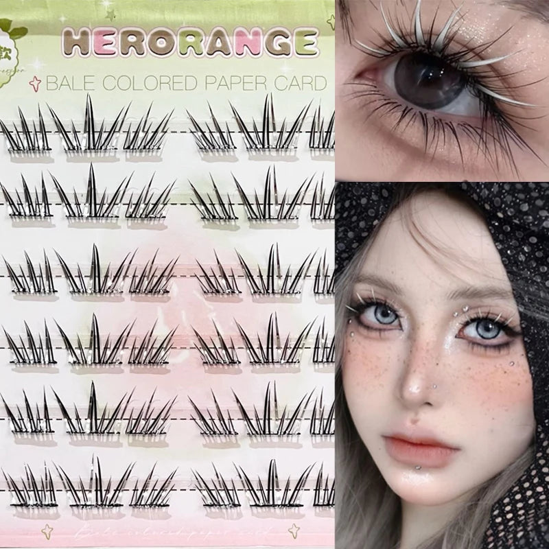 DIY Cluster Punk Silver Black Self-adhesive Glue Free False Eyelashes Segmented Thin Stems Halloween Makeup Girl Lashe Extension