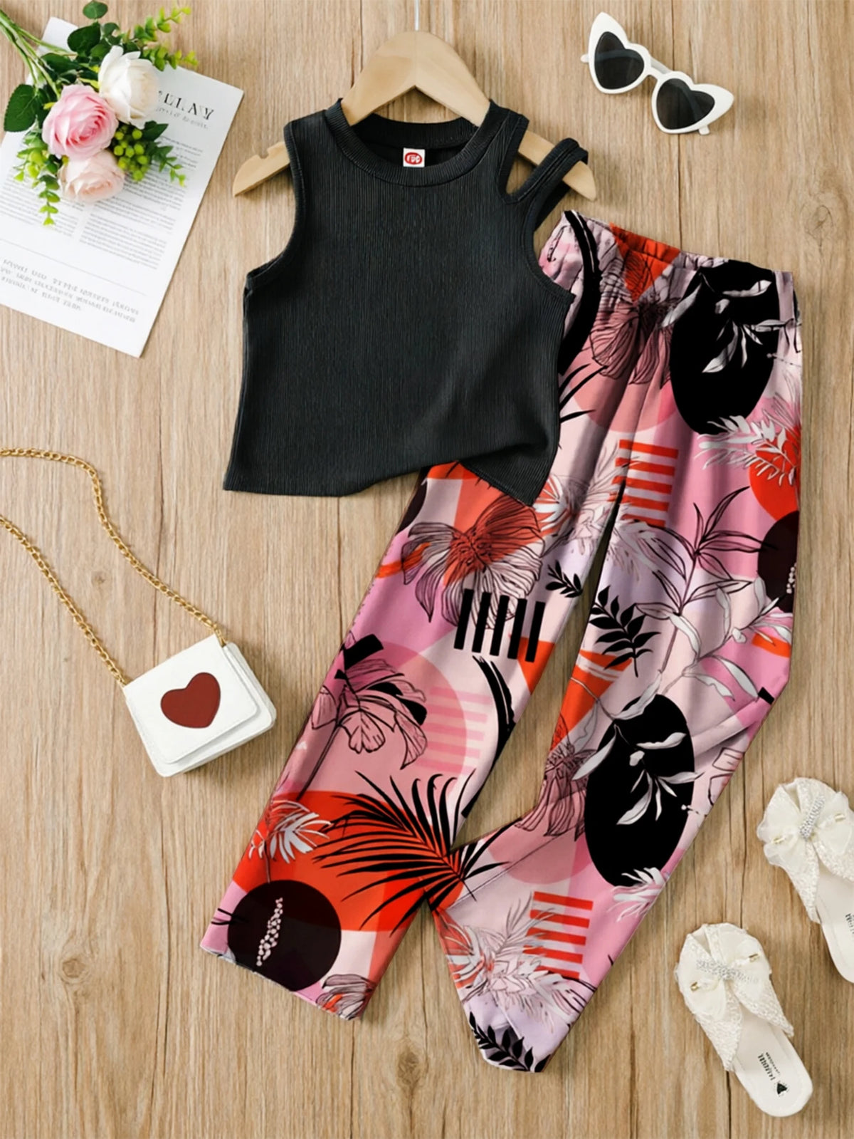 Summer Teenage Girls Clothing Set Off-Shoulder Ribbed Tank Tops and Printed Pants Two-Piece Sets for Kids Girl 6-14 Y CB DROPSHIPPING