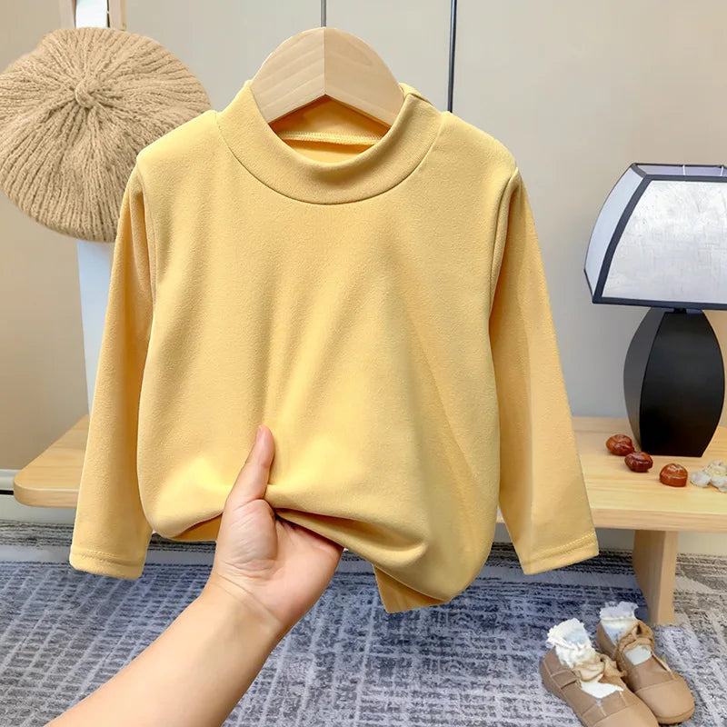 Winter Baby Warm Top Boys Girls Velvet Inner Solid Color Bottom Children's Half High Collar Long Sleeve T-shirt Kids Clothes CB DROPSHIPPING
