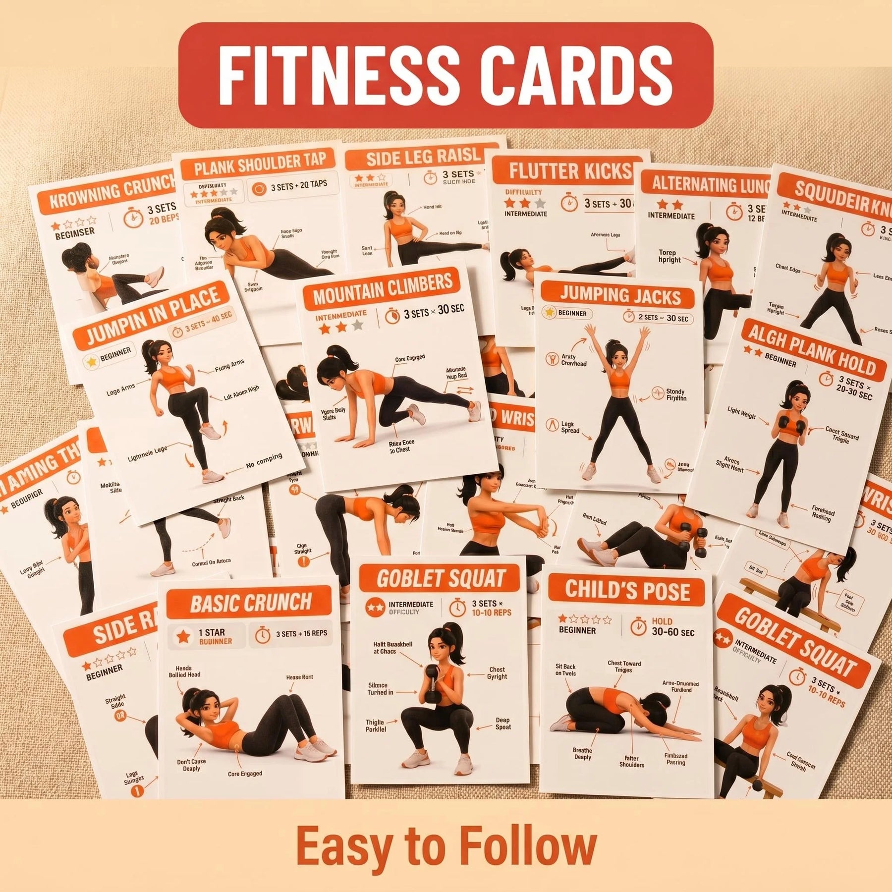 Fitness Guide Cards, Including Strength Training, Core Strengthening, and Home Stretching, Illustrated Step-By-Step Exercise Guide Set, Exercise Flash Cards Suitable for Home Fitness and Travel CB DROPSHIPPING