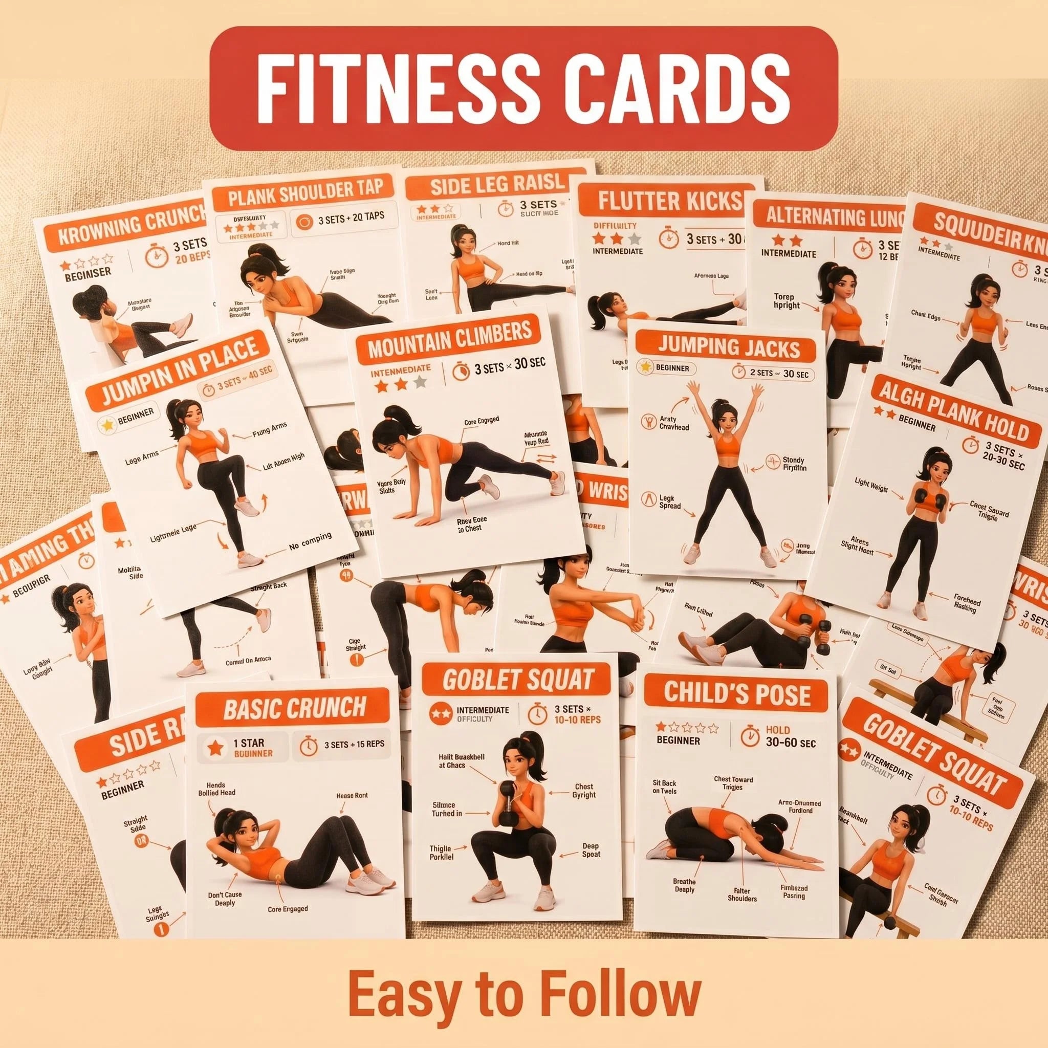 Fitness Guide Cards, Including Strength Training, Core Strengthening, and Home Stretching, Illustrated Step-By-Step Exercise Guide Set, Exercise Flash Cards Suitable for Home Fitness and Travel
