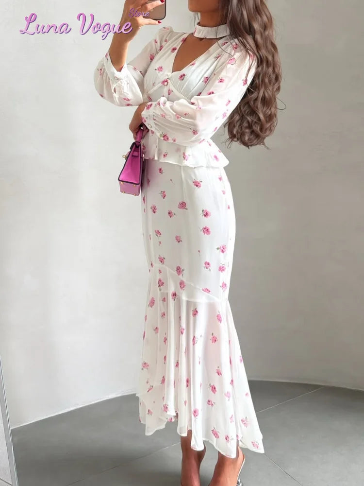 Women White Pink Floral Print Fishtail Skirt Set Chic V Neck Puff Sleeve Ruffle Button Crop Top Suit Elegant Lady Wedding Outfit