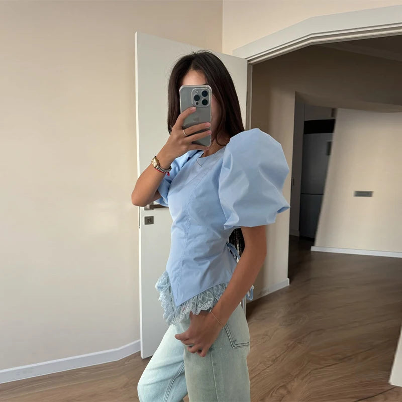 Women Round Neck Puff Sleeve Blouse Solid Lace Trim Asymmetrical Hem Slim Fit Shirt 2026 Spring Summer Chic Elegant Casual Top