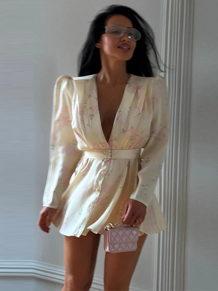 Print  Dress Women's Floral Satin Mini Dress Deep V-Neck Puff Sleeves Peplum Waistband Two-Piece Party Dresses Woman Clothes
