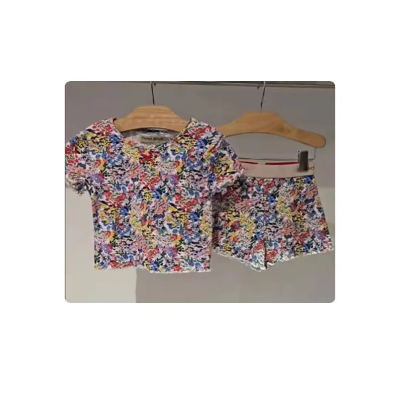 Baby Rompers Jumpers 2026 Summer Verbena Print Girl Dress Short Sleeve Tee and Short Set Sisters Skirt Clothing CB DROPSHIPPING
