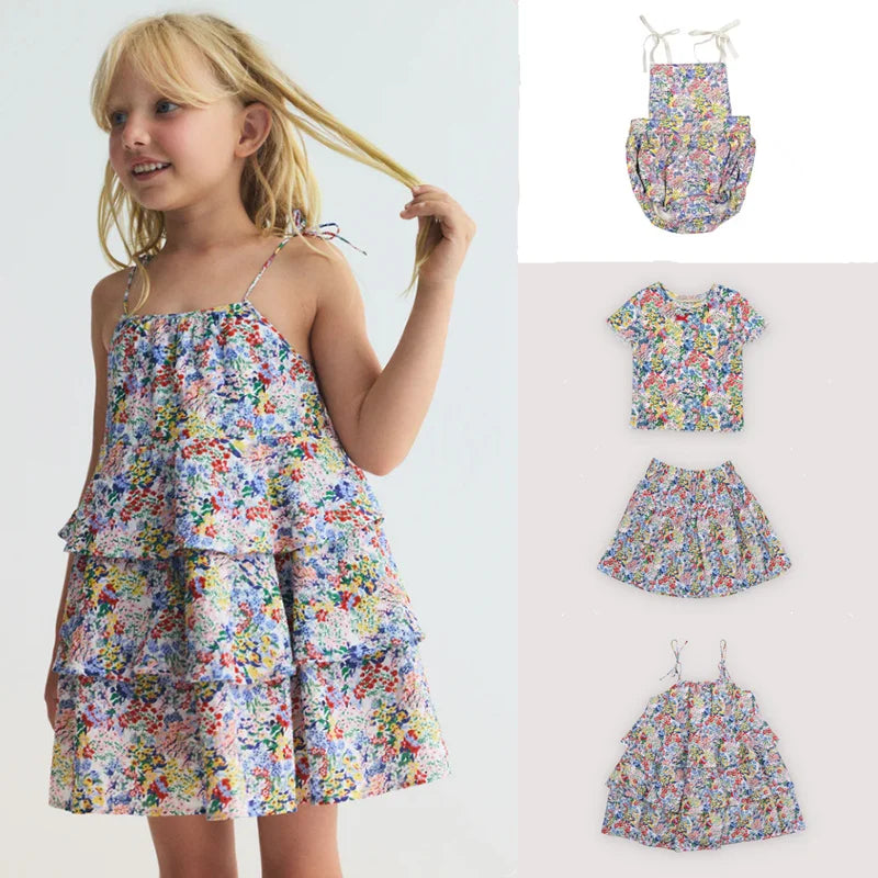 Baby Rompers Jumpers 2026 Summer Verbena Print Girl Dress Short Sleeve Tee and Short Set Sisters Skirt Clothing CB DROPSHIPPING
