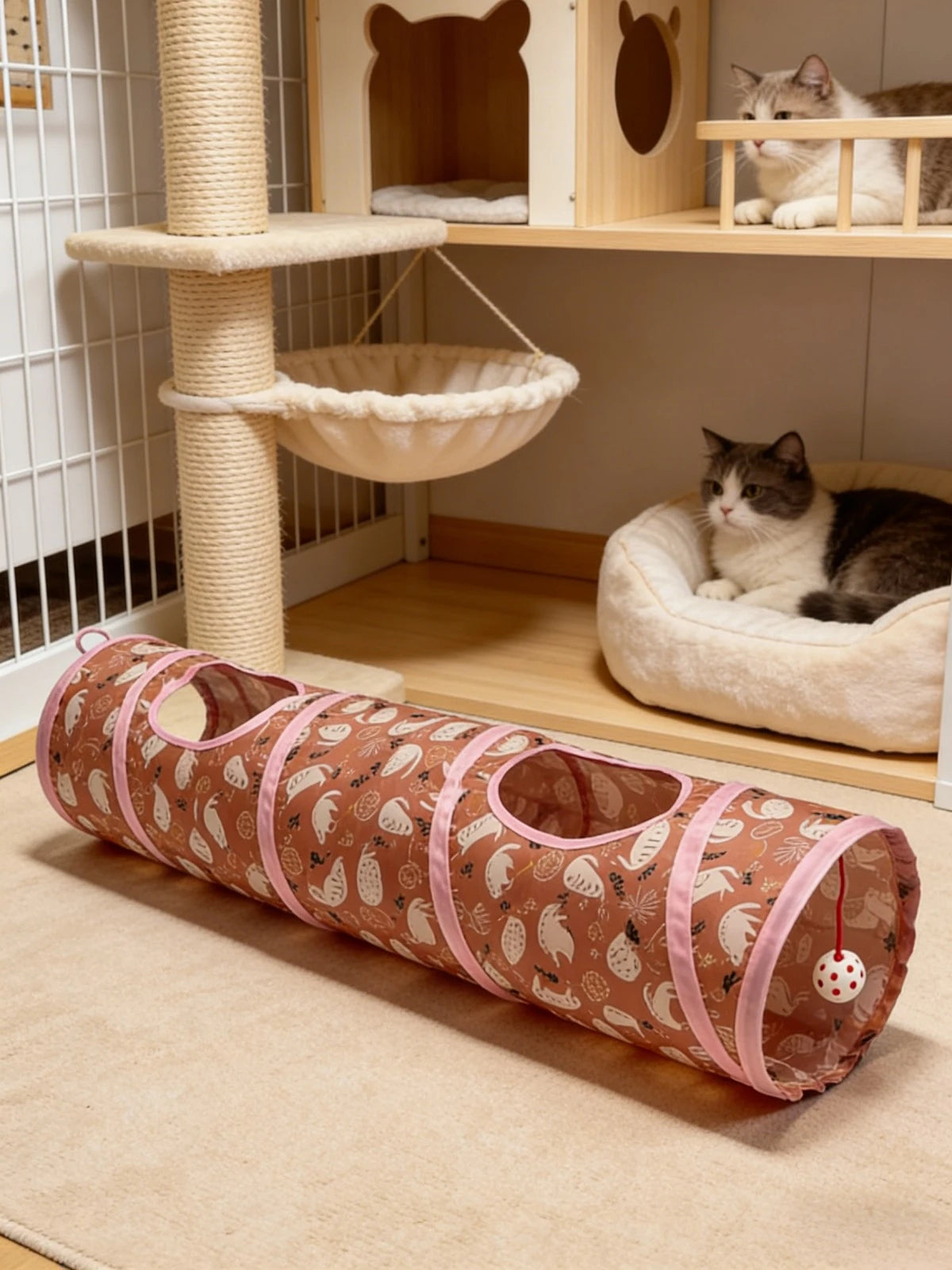 Collapsible 120cm Cat Tunnel with Bell Toy, 2-Way Play Tube, Trendy Print Hideaway for Indoor Cats, Easy Storage CB DROPSHIPPING
