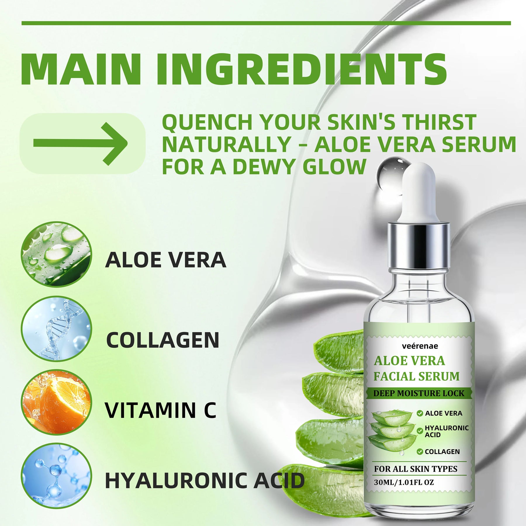 veérenae ALOE VERA FACIAL SERUM - Hydrating & Soothing, Oil‑Free, Quick‑Absorbing & Non‑Greasy, Perfect for Daily Skincare