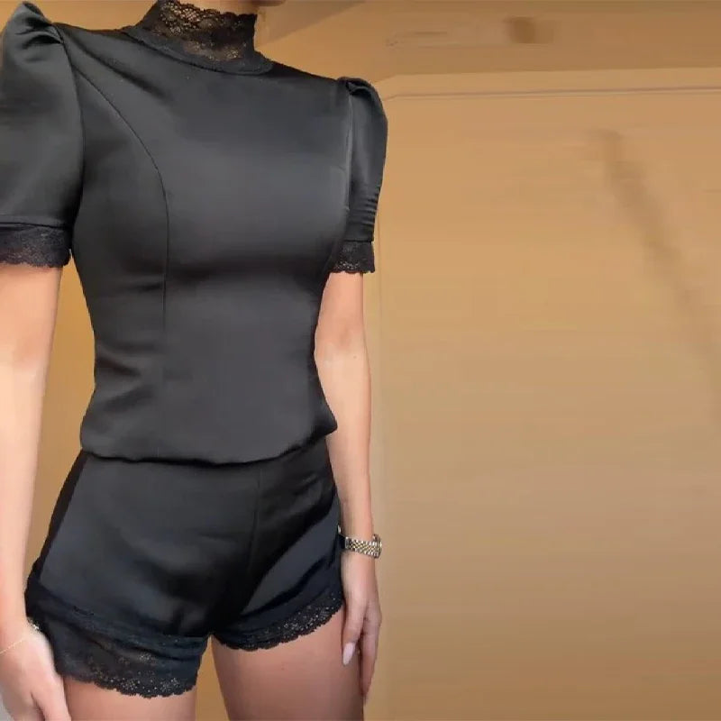 2026 Women Fashion Co Ord Lace Puff Short Sleeve Back Keyhole Hollow Tops High Waist Shorts Party Club Date Streetwear Outfits