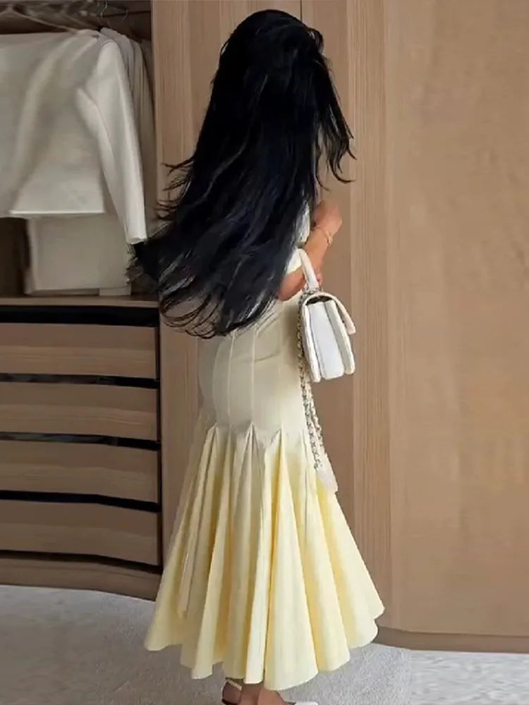 Women Fashion Solid Dress V-neck Ruffles Hem Short Sleeves Waist-cinching Draped Empire Dresses Summer Chic Elegant Summer Gown