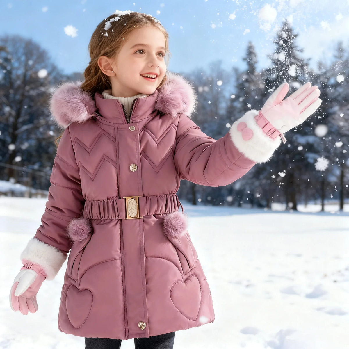 2025 Newyear Clothes Girls Winter Coat Kids Snow Puffer Jacket Hooded Warm With Waist Belt and Pockets CB DROPSHIPPING