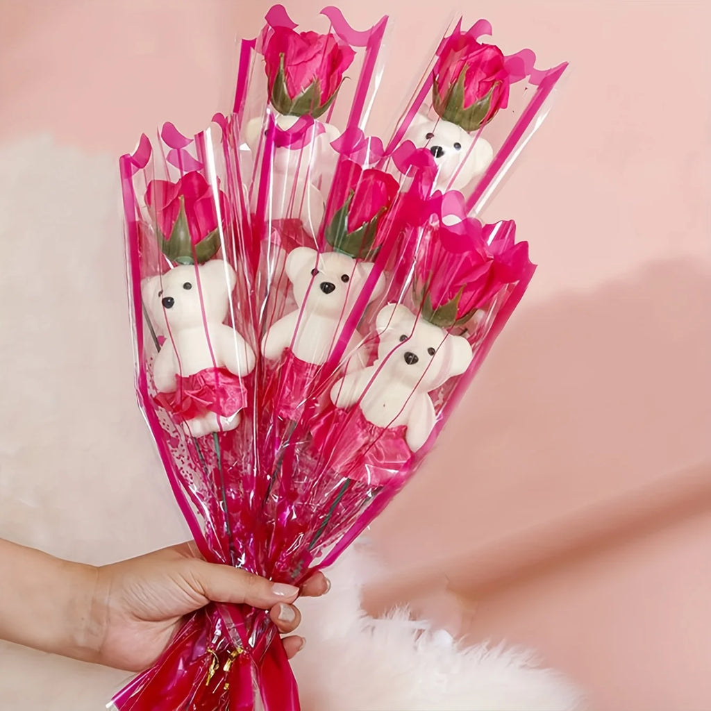 10Pcs Artificial Flowers Rose Bear Bouquet Fake Flower Mother's Day Valentine's Day Gift Birthday Present Wedding Home Decor