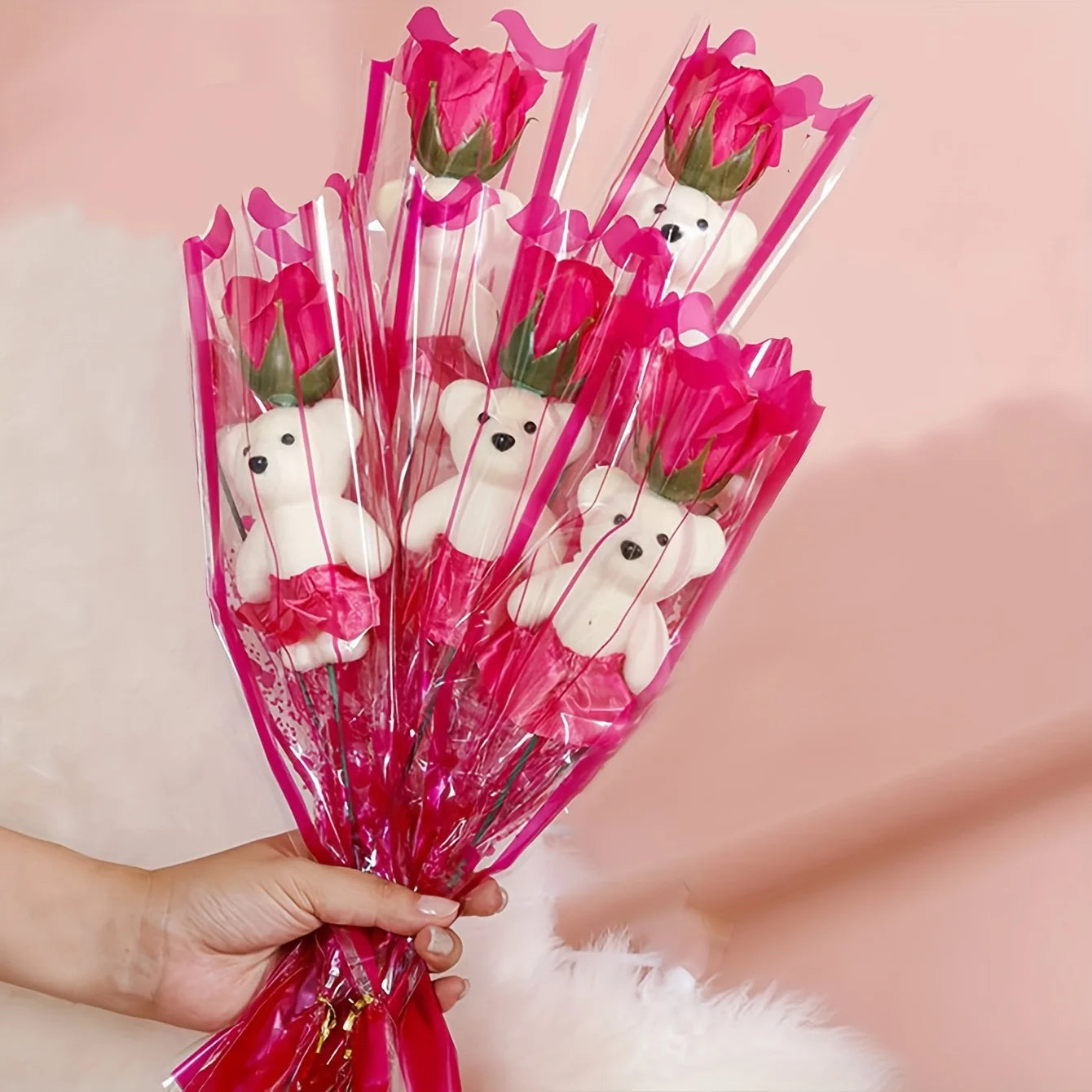 10Pcs Artificial Flowers Rose Bear Bouquet Fake Flower Mother's Day Valentine's Day Gift Birthday Present Wedding Home Decor