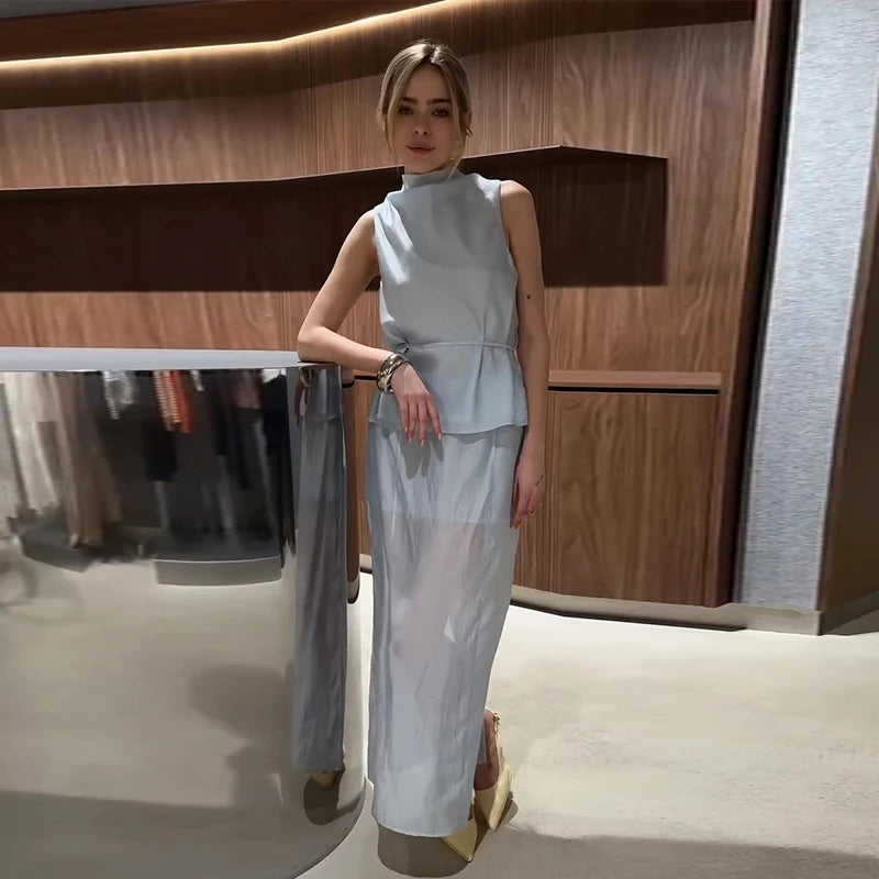 Casual Yellow Top Long Skirts Sets Women Sleeveless Lace Up Tops Straight Slit Skirt 2026 Summer Holiday Street Lady Solid Suits