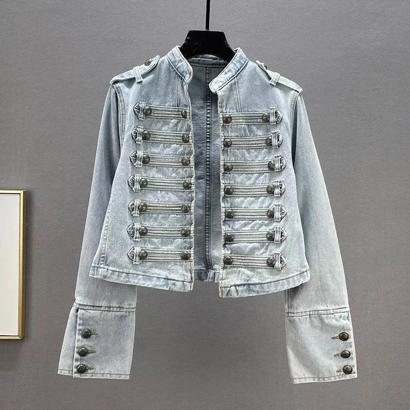 Spring Autumn Vintage Blue Slim Short Jeans Jacket Women Stand Collar Multi-breasted Design Long Sleeve Denim Jacket  Streetwear