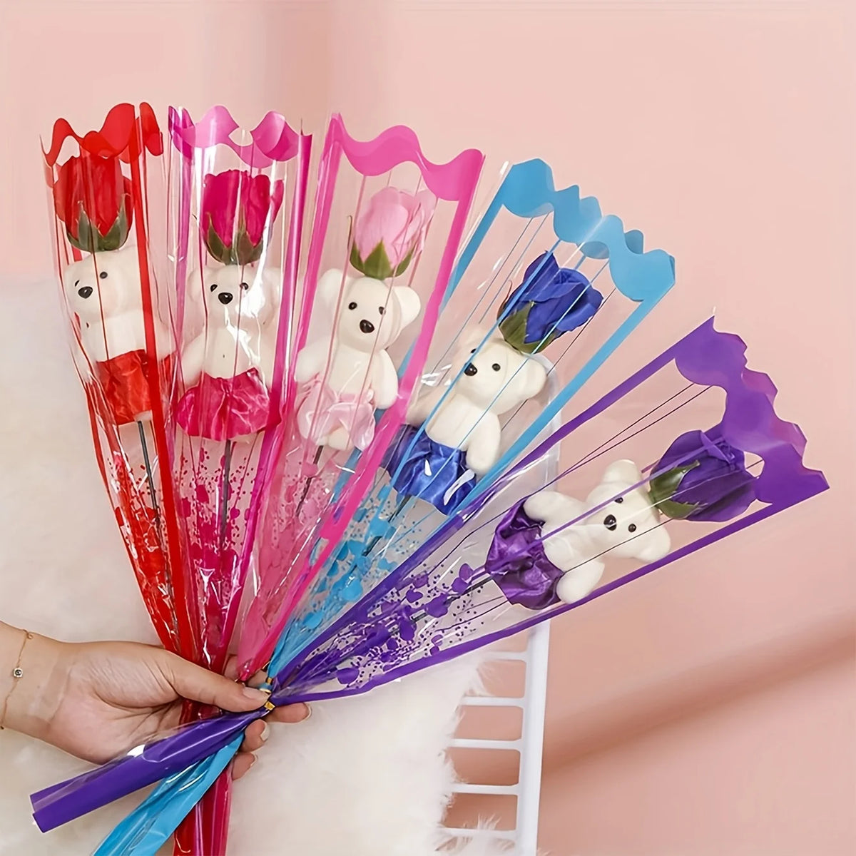 10Pcs Artificial Flowers Rose Bear Bouquet Fake Flower Mother's Day Valentine's Day Gift Birthday Present Wedding Home Decor