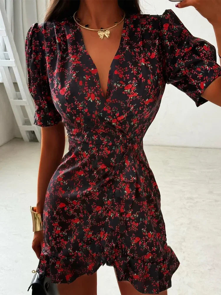 Women Elegant Printed Short Dress Chic V-neck Short Sleeve A-line Bodycon Mini Dresses 2026 Lady New Summer Vacation Street Robe