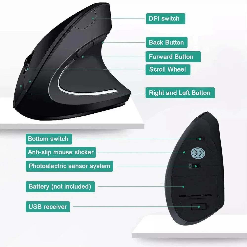 HOMEFISH Vertical Mouse Ergonomic 2.4GHz Wireless Optical Mice 3 Adjustable DPI 800/1200/1600 6 Buttons for Laptop PC Computer CB DROPSHIPPING