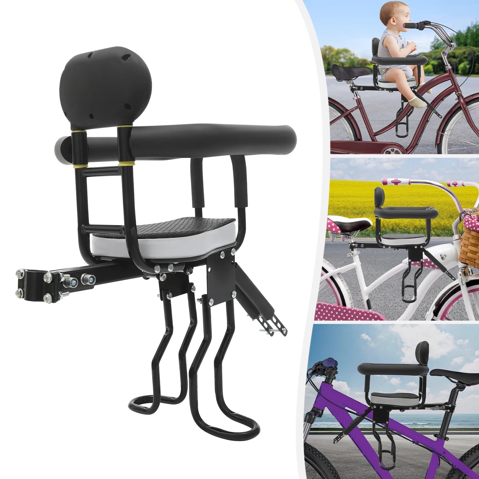 Front Mount Kids Bike Seat, Two Point Fixed Bicycle Child Seat, Removable Handrail Front Seat for Toddler,Steel PC Construction CB DROPSHIPPING