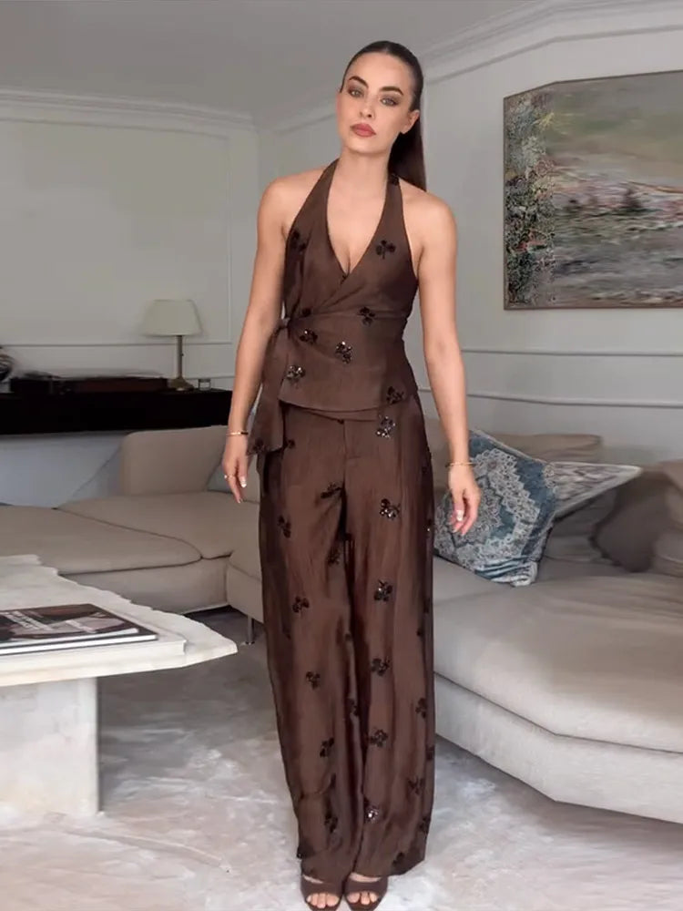 Sequin Embroidered Halter V-Neck Wrap Top & Wide Leg Pants Set 2026 Summer Chic Elegant Women Vocation Casual Two Piece Outfit