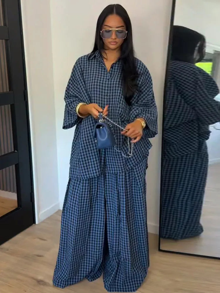 Casual Women's Pants Set Turn-down Collar Shirt Loose Bottom Female Plaid Printing Sets 2026 Summer Fashion Commute Lady Suit