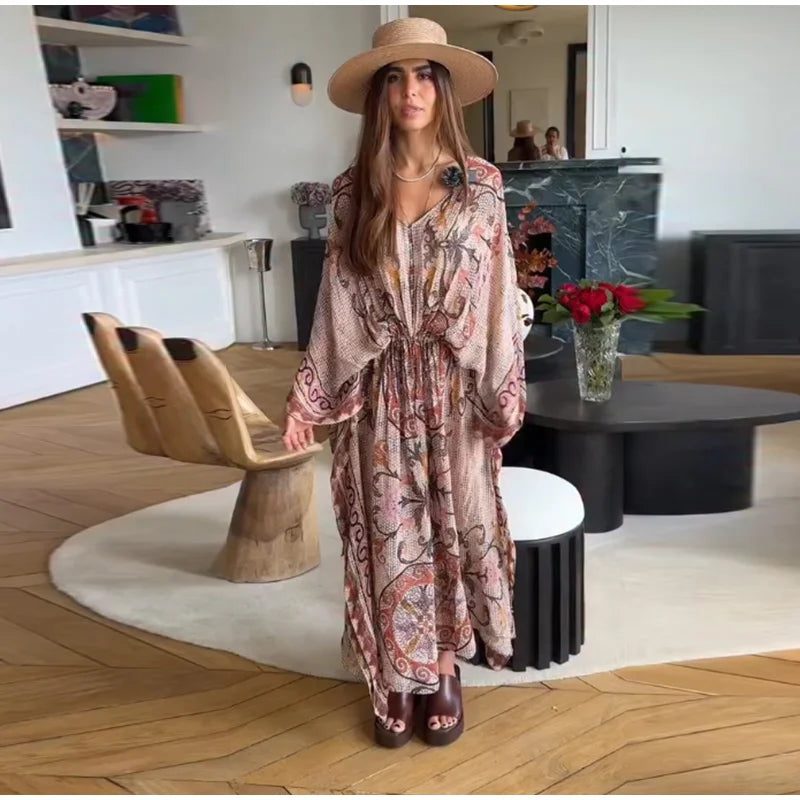 Women V Neck Vintage Vine Print Batwing Sleeve Maxi Dress Drawstring Waist Loose Flare Long Dress Mesh Texture Beach Vacation