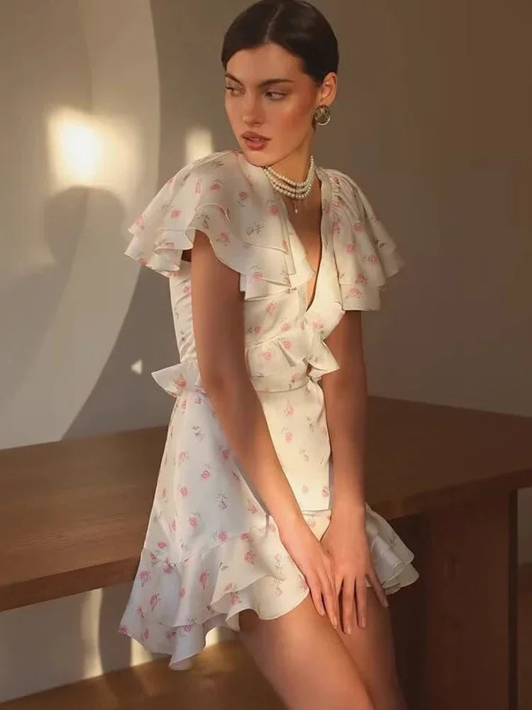Women Elegant Printed Short Dress Chic V-neck Short Sleeve A-line Bodycon Mini Dresses 2026 Lady New Summer Vacation Street Robe