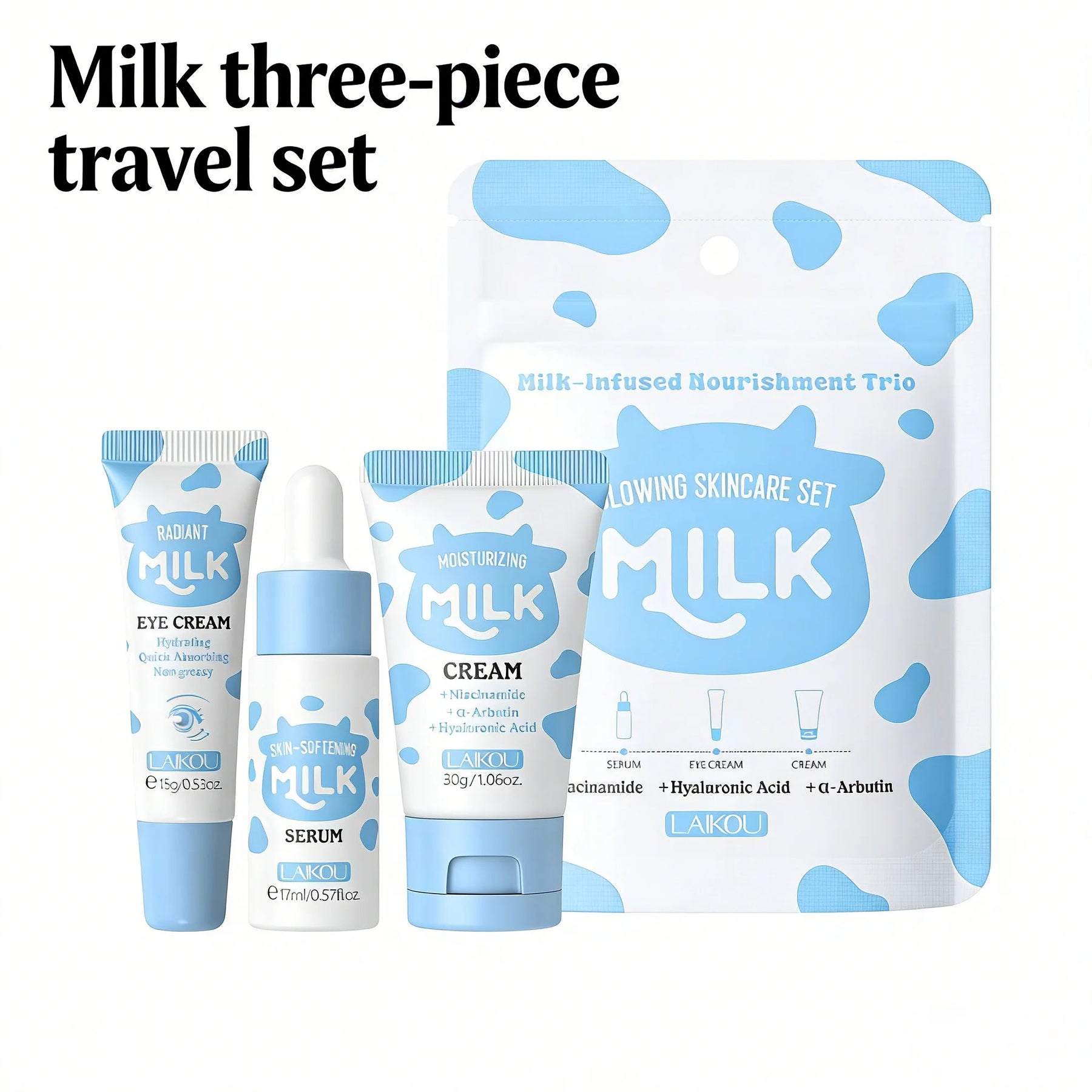 LAIKOU Milk Skincare Travel Set 3pcs Niacinamide Hyaluronic Acid Face Serum Eye Cream Face Cream Moisturizing Glowing Skin Care CB DROPSHIPPING