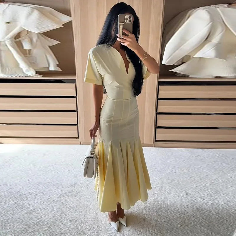 Women Fashion Solid Dress V-neck Ruffles Hem Short Sleeves Waist-cinching Draped Empire Dresses Summer Chic Elegant Summer Gown