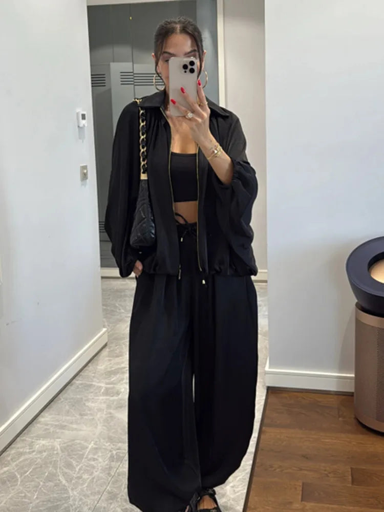 LGRQ Women's Casual Two-piece Set Fashion Lapel Long Sleeved Cardigan Jacket Elastic Waistband Tied Pants 2026 Summer 19DB1008