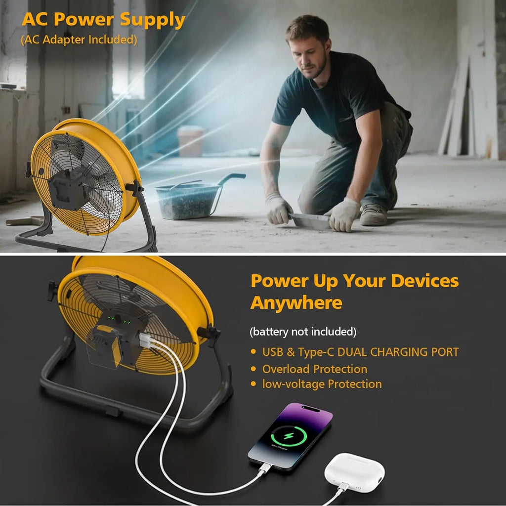 12/16 inch Floor Fan for Dewalt Battery Portable Fan Metal Industrial Stepless Speed Fan for Jobsite Garage Camping Emergency