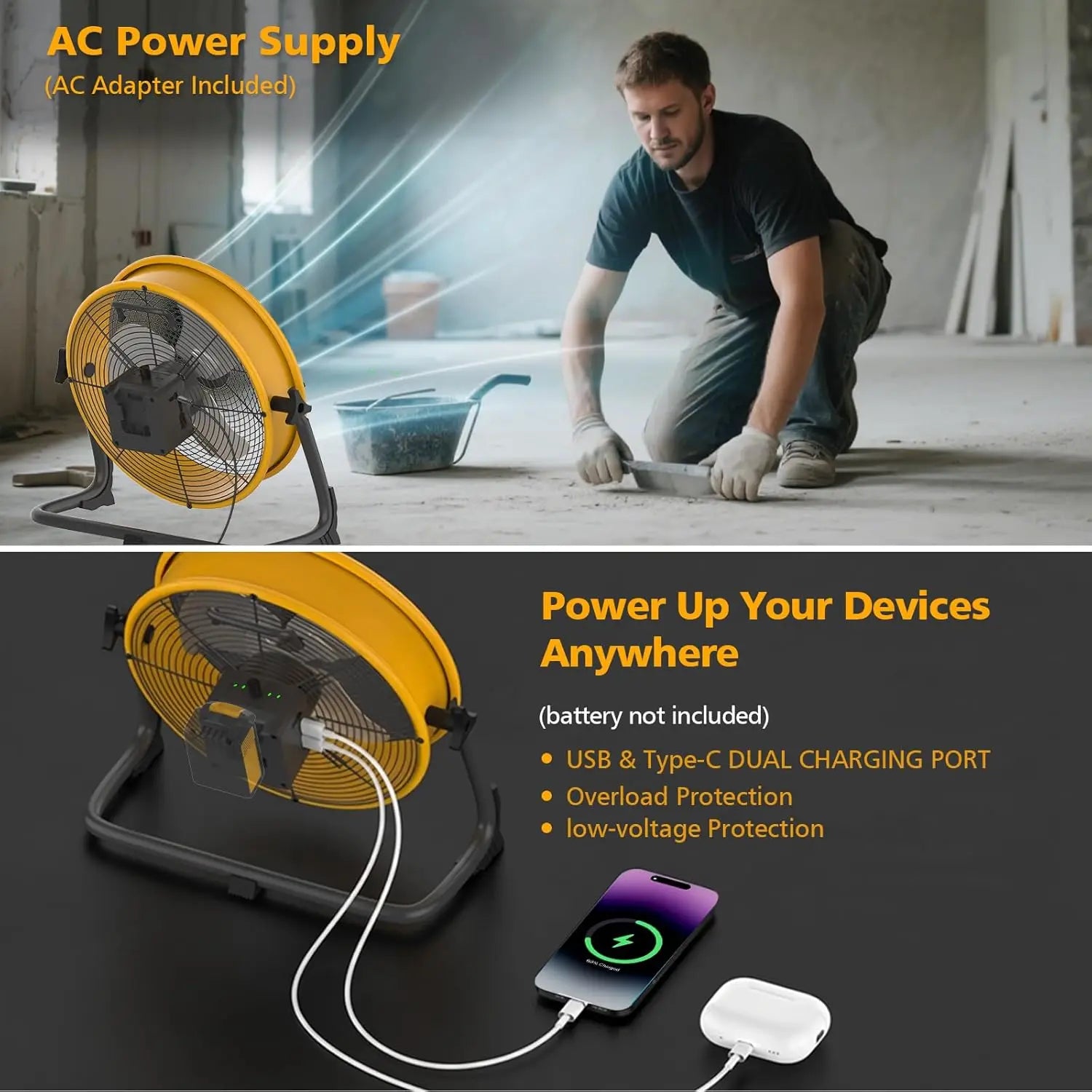 12/16 inch Floor Fan for Dewalt Battery Portable Fan Metal Industrial Stepless Speed Fan for Jobsite Garage Camping Emergency