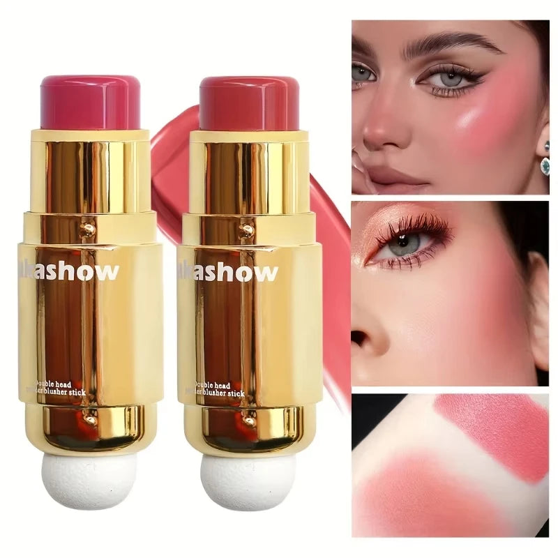 Double Head Powder Blusher Stick, Multi-use Cream Blush Stick with Sponge Tip, Long-lasting Natural Cheek Tint, Portable Makeup CB DROPSHIPPING