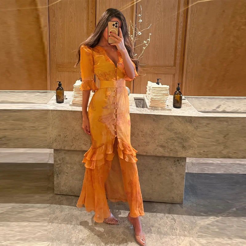 Print Chiffon Long Dress Women V Neck Half Sleeves High Waist Ruffles Belts Split Robe Female 2026 Summer Chic Vacation Dresses
