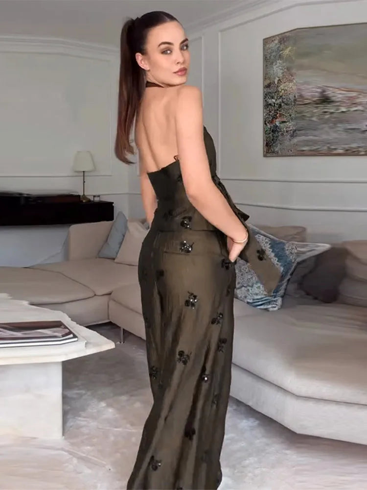Sequins Women's Pant Sets Sexy Halter Neck Wrap Top Wide Leg Pants Two Piece Set Female 2026 Summer Woman New Vacation Outfit