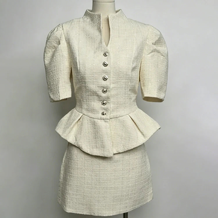 LIMO 2026 New Arrival Pink Tweed 2 Piece Outfit, Women's Elegant Peplum Top with Mini Skirt, Puff Sleeve Formal Suit