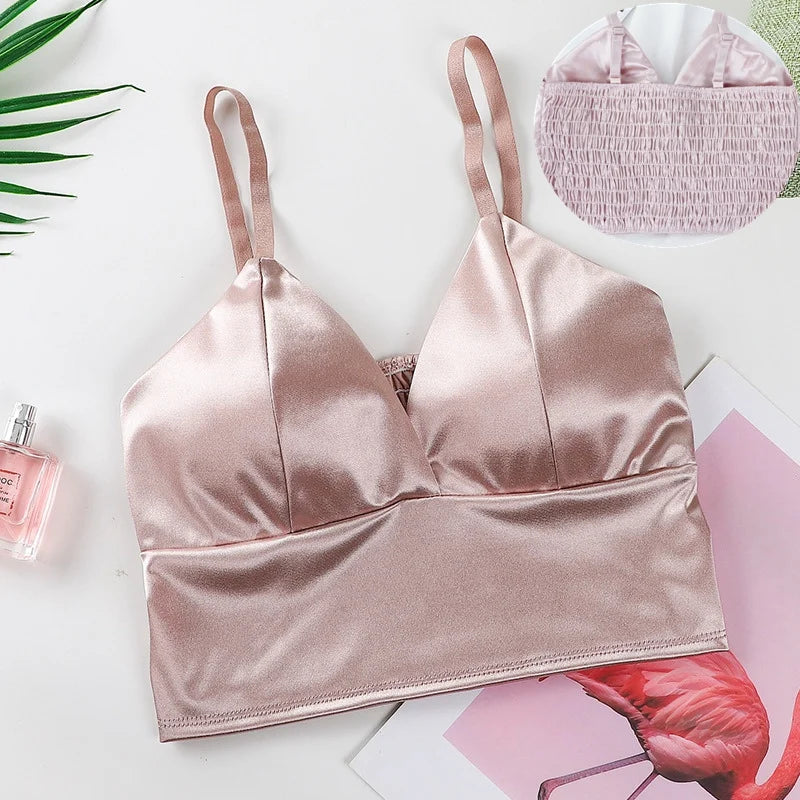 Sexy Satin Crop Tops Women Wireless Bralette Crochet Top Female Spaghetti Strap T-shirt Cropped With Chest Padded Camisole Camis