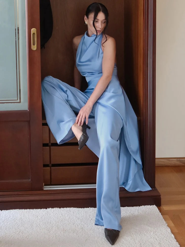 Elegant Women's Satin Halter Spliced Long Top Pants Set Sleeveless Backless Swing Collar Top Straight Leg Pant 2026 Fashion Suit