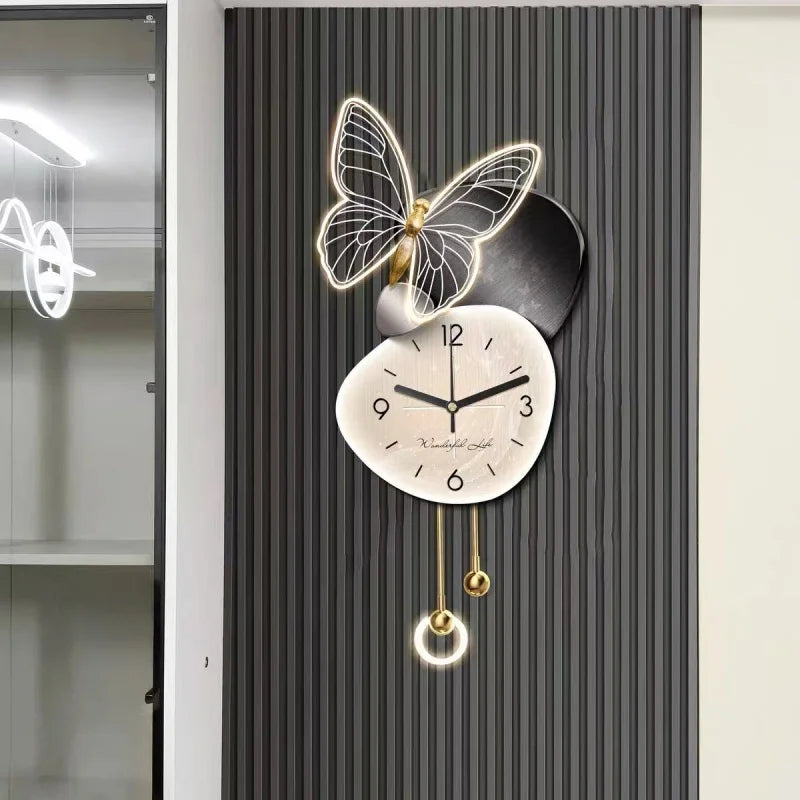 Living Room Foyer Creative Clock Butterfly LED Mural Lights TV Background Wall Entrance Decoration Painting Hanging Painting