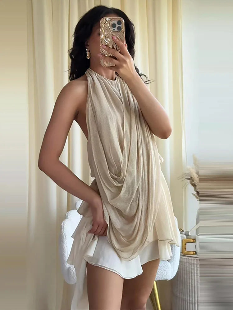 Fashion Women's Pleated Halter Vest Loose Sleeveless Backless Female Feshion Tops 2026 Summer Lady Chic All-match Solid Vests