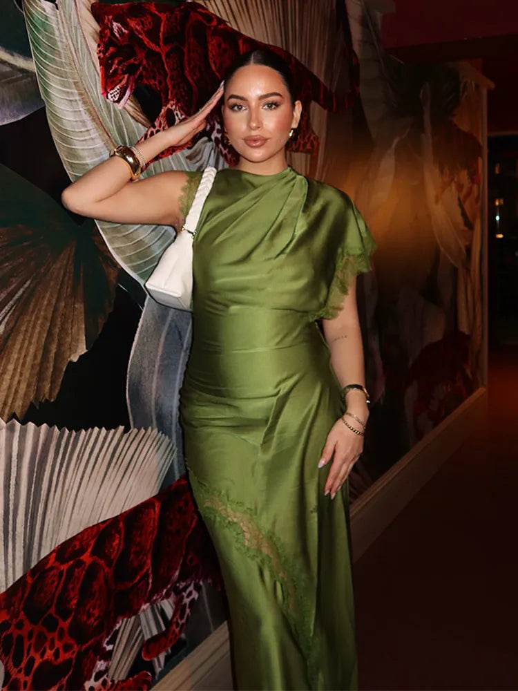Women Elegant Green Satin Maxi Dress Lace Slit Asymmetric High Neck Draped One-sleeve Slim Fit Lgown Formal Evening Party Outfit